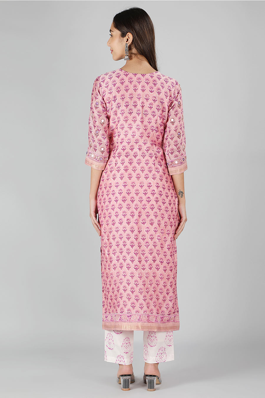 Pink Mirror Embroidered Printed Kurta Set