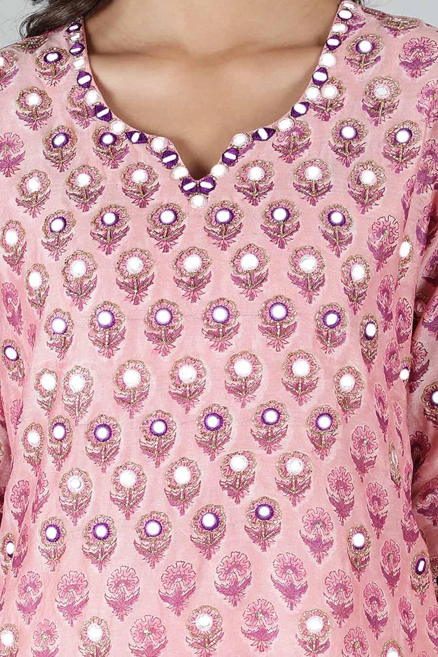 Pink Mirror Embroidered Printed Kurta Set