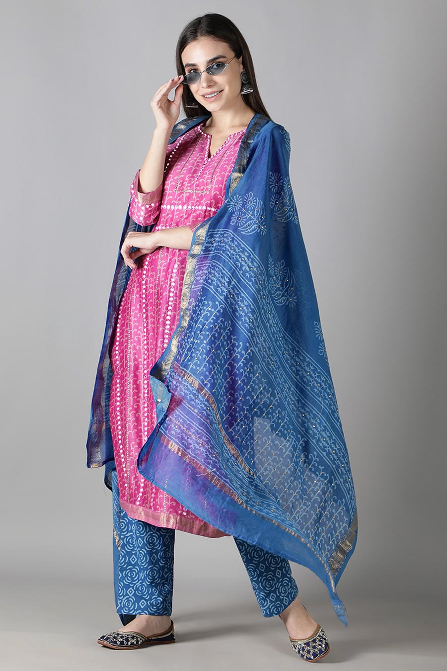 Pink & Sapphire Blue Printed Kurta Set