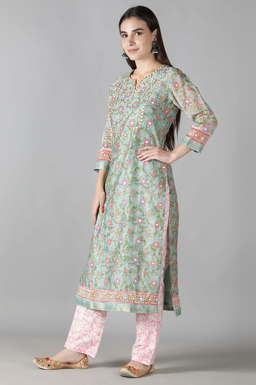 Mint Green & Rose Pink Printed Kurta Set