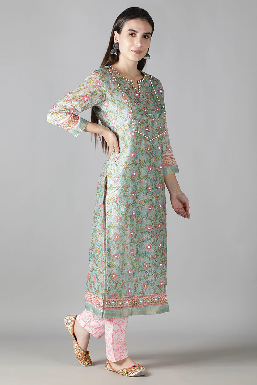 Mint Green & Rose Pink Printed Kurta Set
