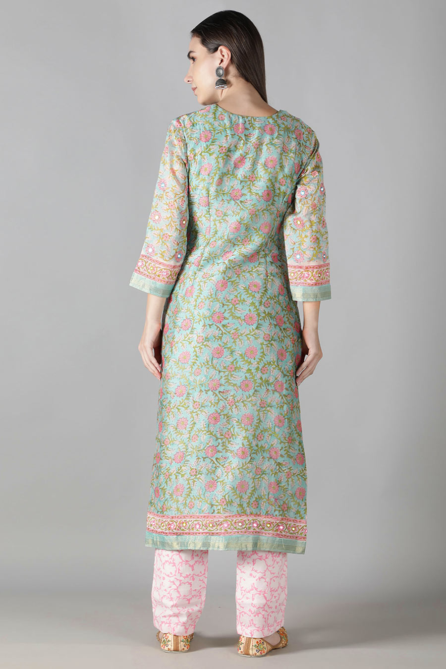 Mint Green & Rose Pink Printed Kurta Set