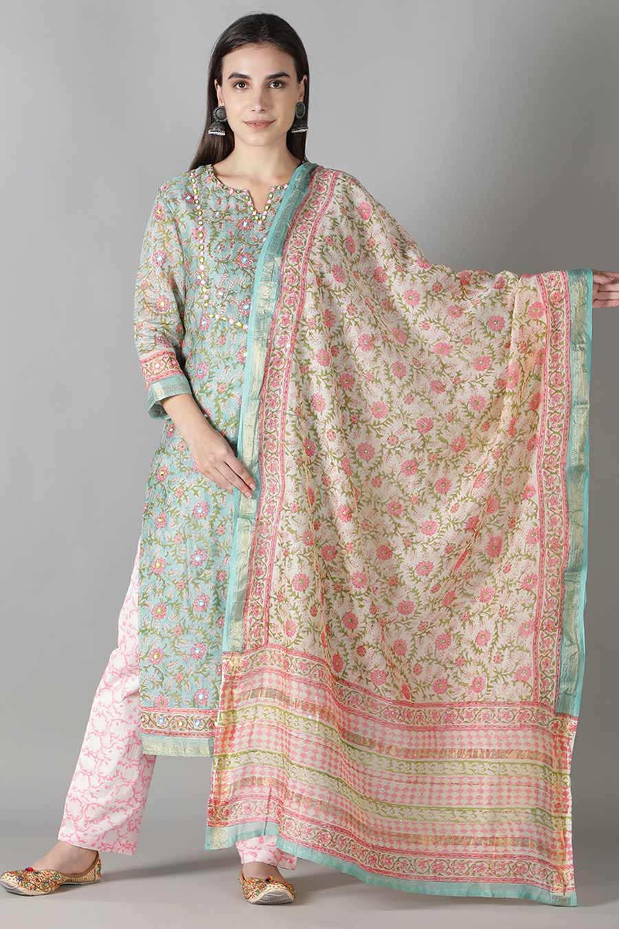 Mint Green & Rose Pink Printed Kurta Set