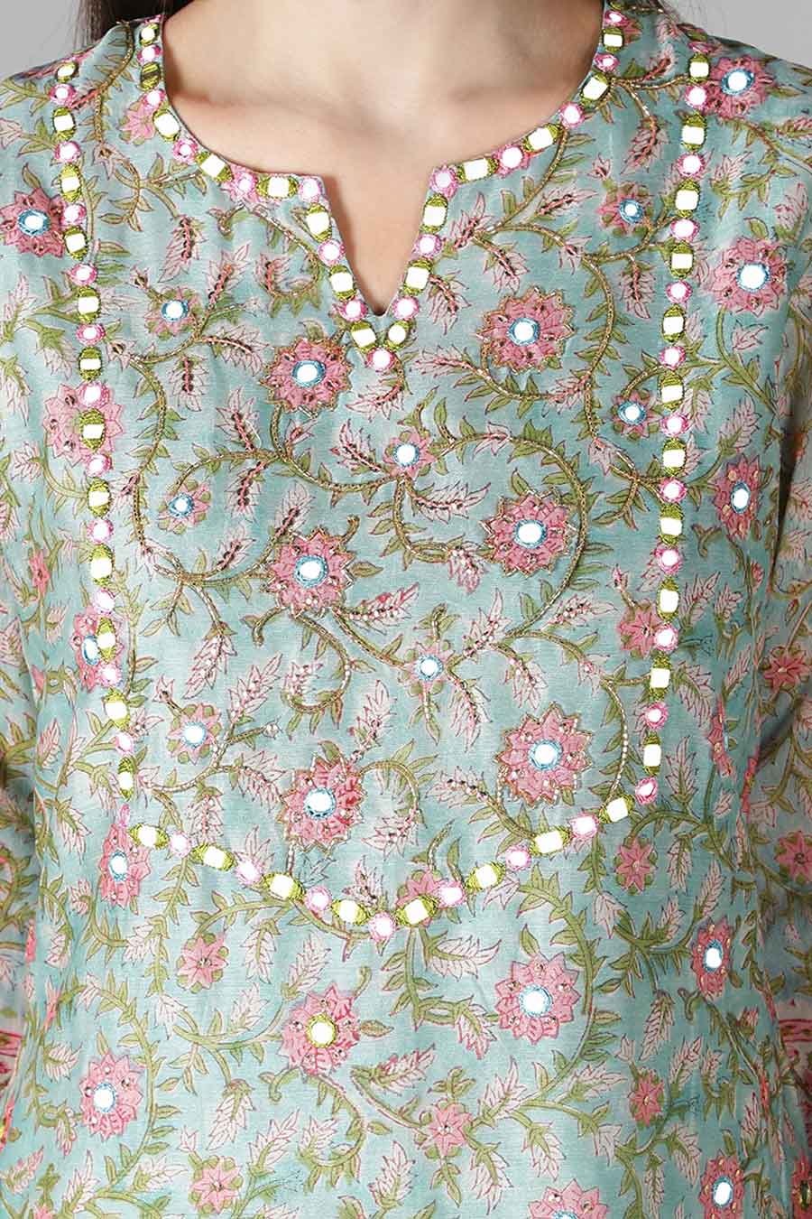 Mint Green & Rose Pink Printed Kurta Set