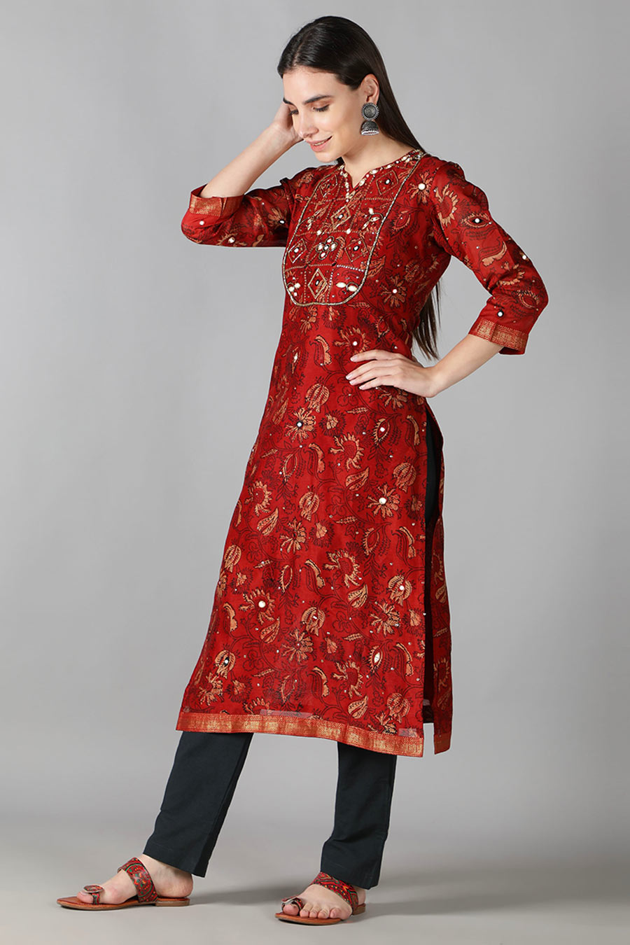 Earthy Red & Black Printed Kurta Set