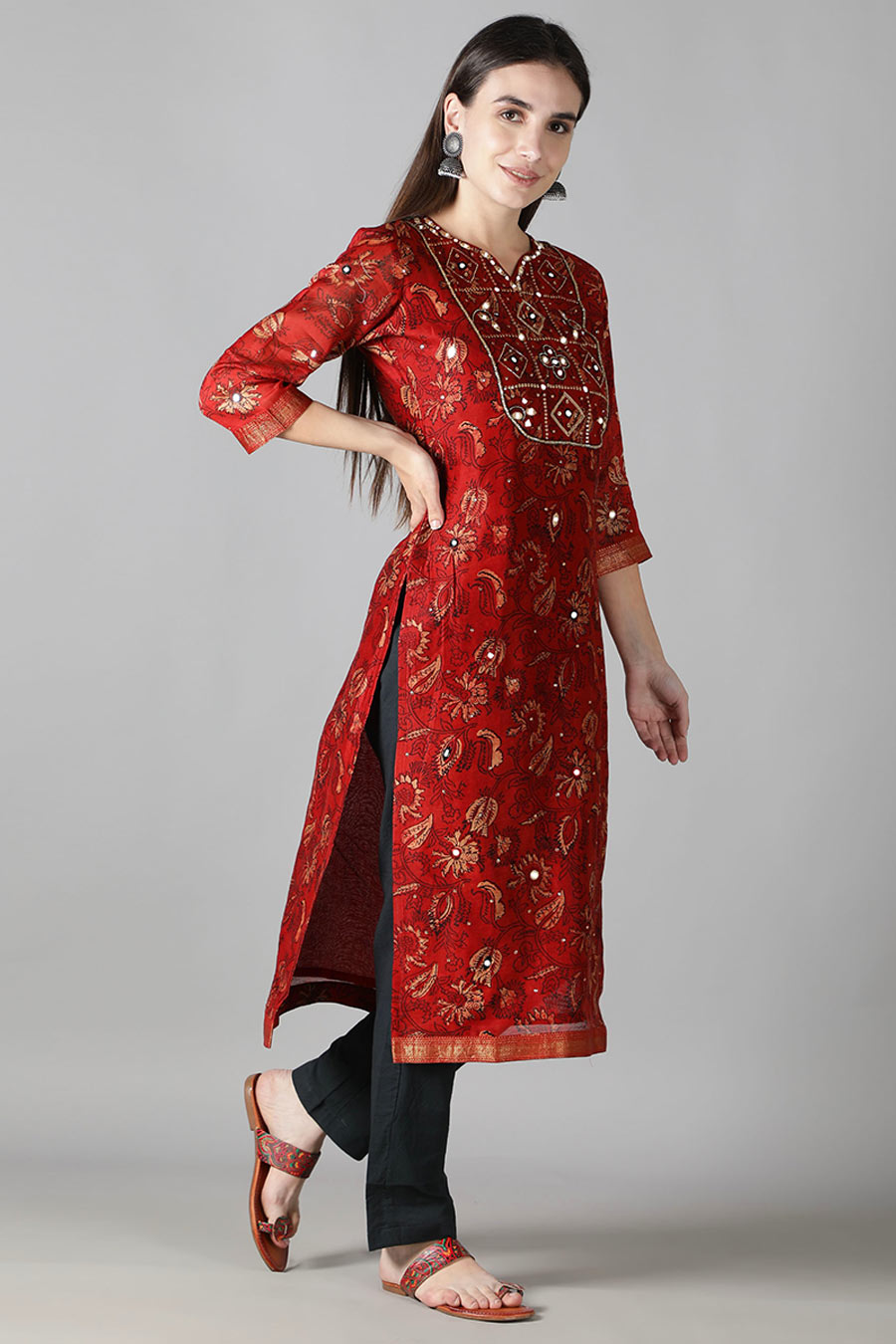 Earthy Red & Black Printed Kurta Set