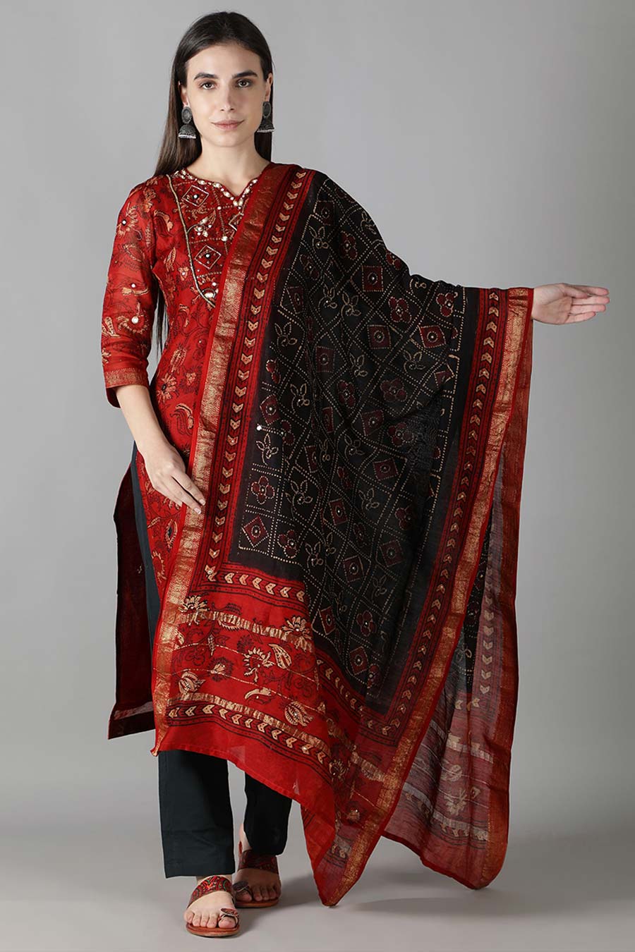 Earthy Red & Black Printed Kurta Set
