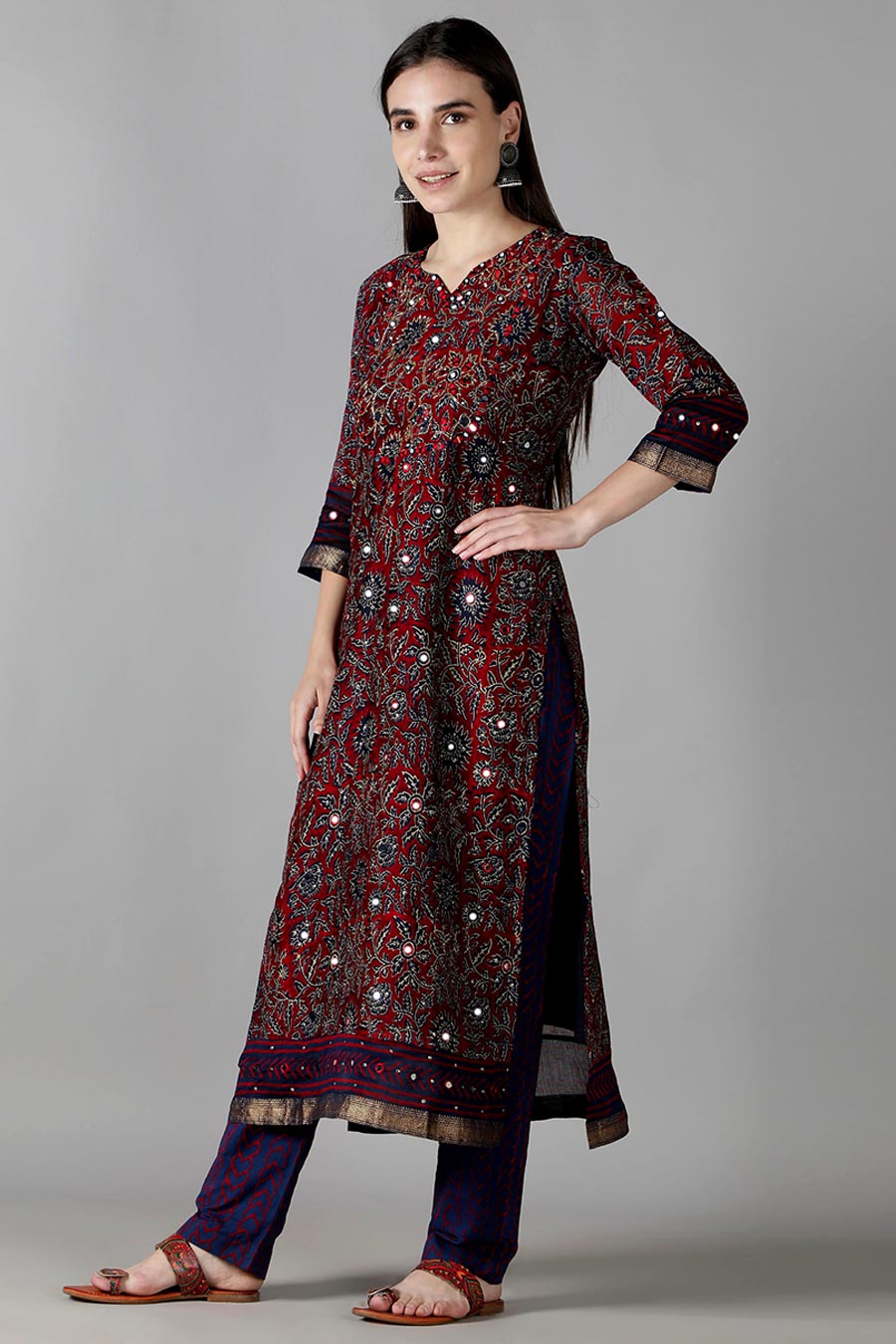 Deep Burgundy & Dark Blue Printed Kurta Set