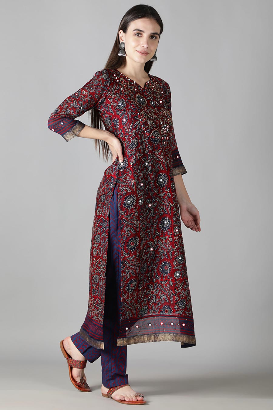 Deep Burgundy & Dark Blue Printed Kurta Set