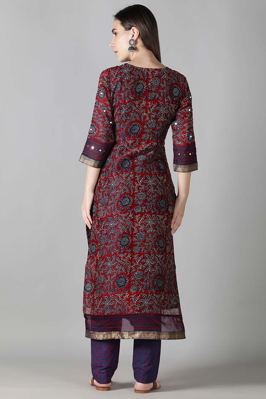 Deep Burgundy & Dark Blue Printed Kurta Set