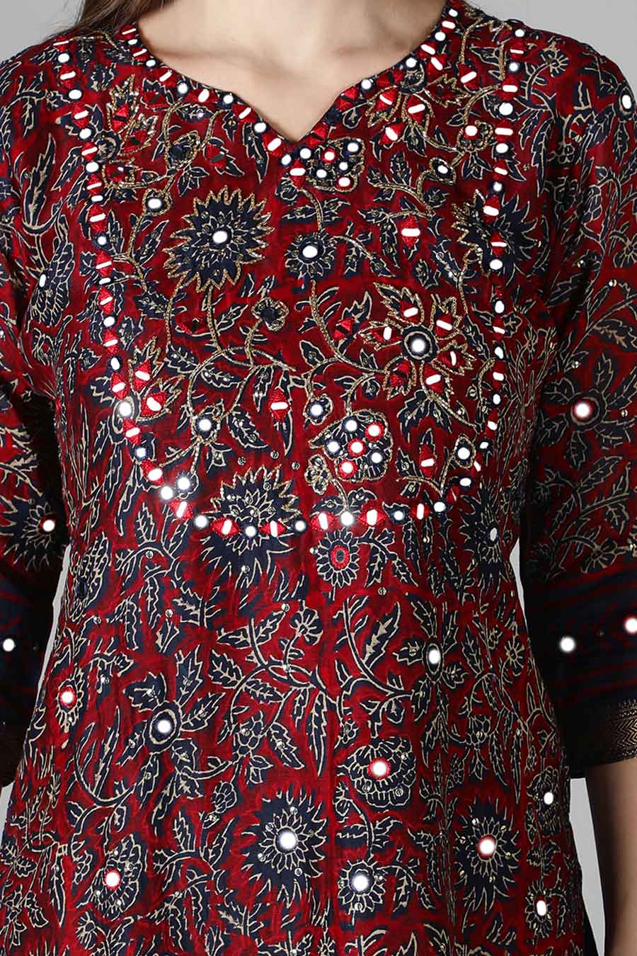 Deep Burgundy & Dark Blue Printed Kurta Set