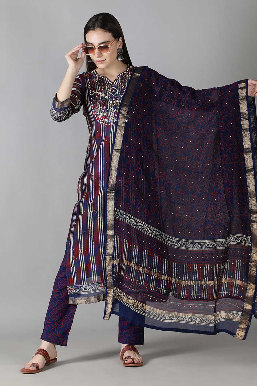 Multicolour Striped Printed Kurta Set