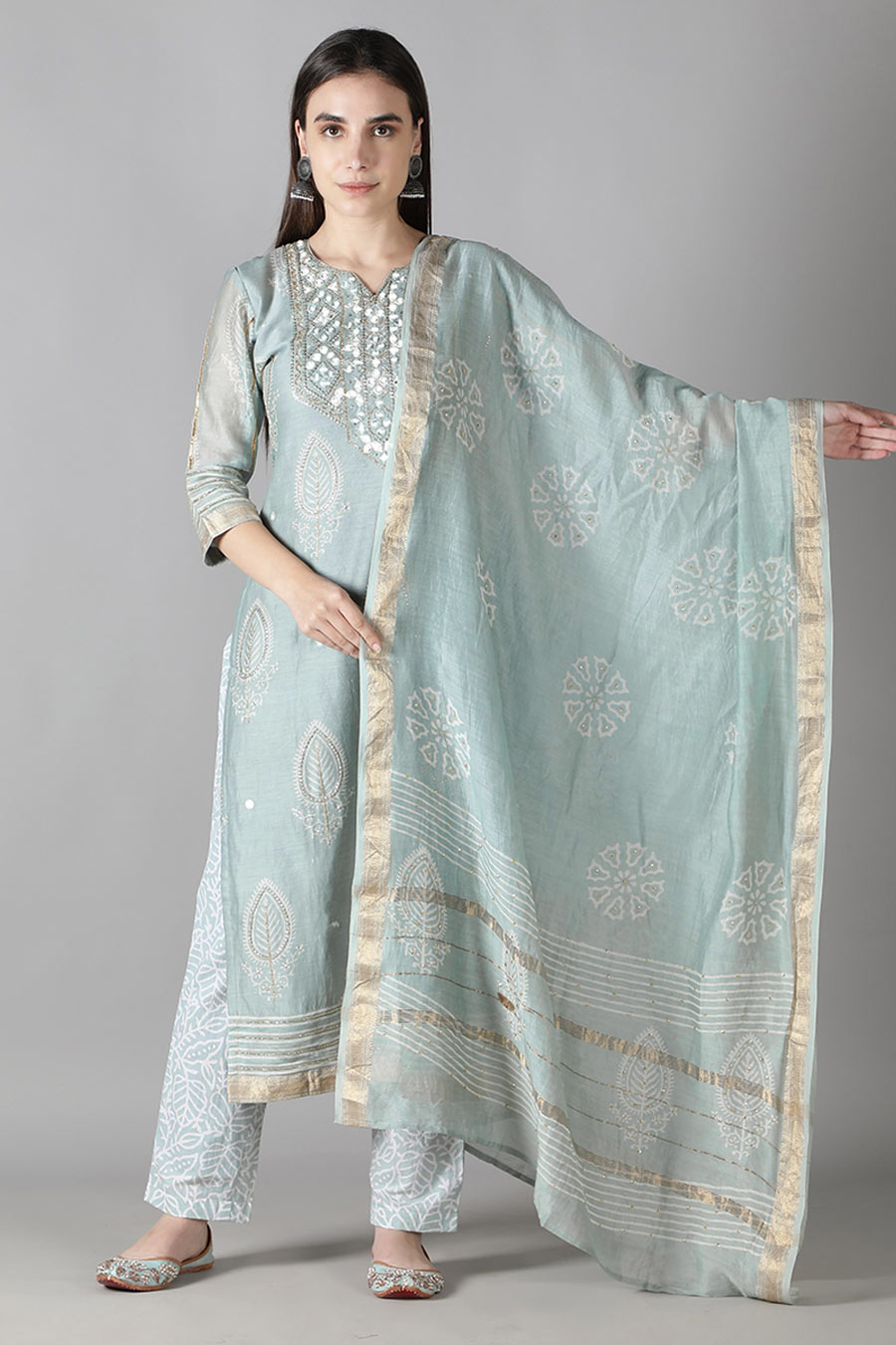 Metallic Grey Printed Kurta Set