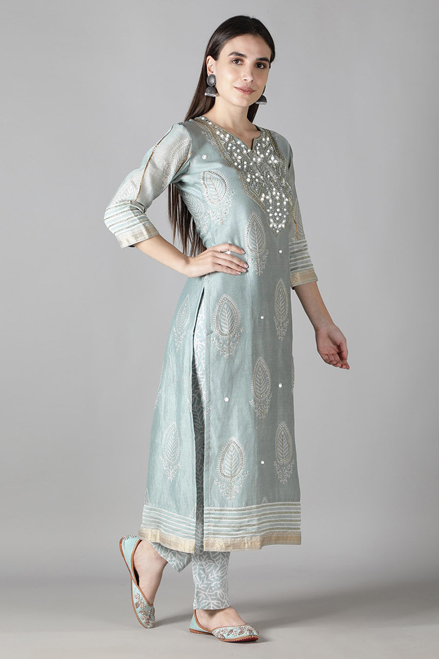 Metallic Grey Printed Kurta Set