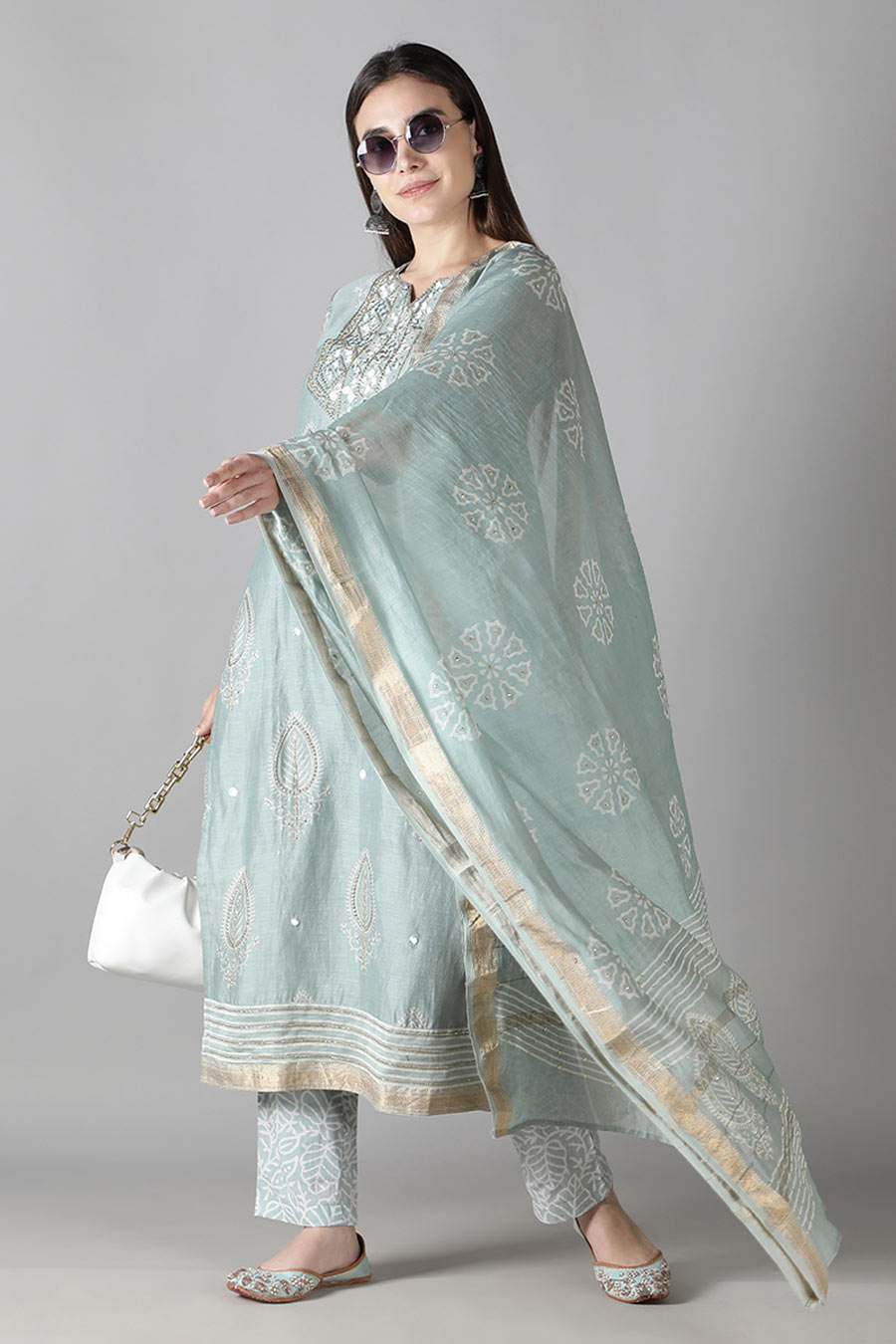 Metallic Grey Printed Kurta Set