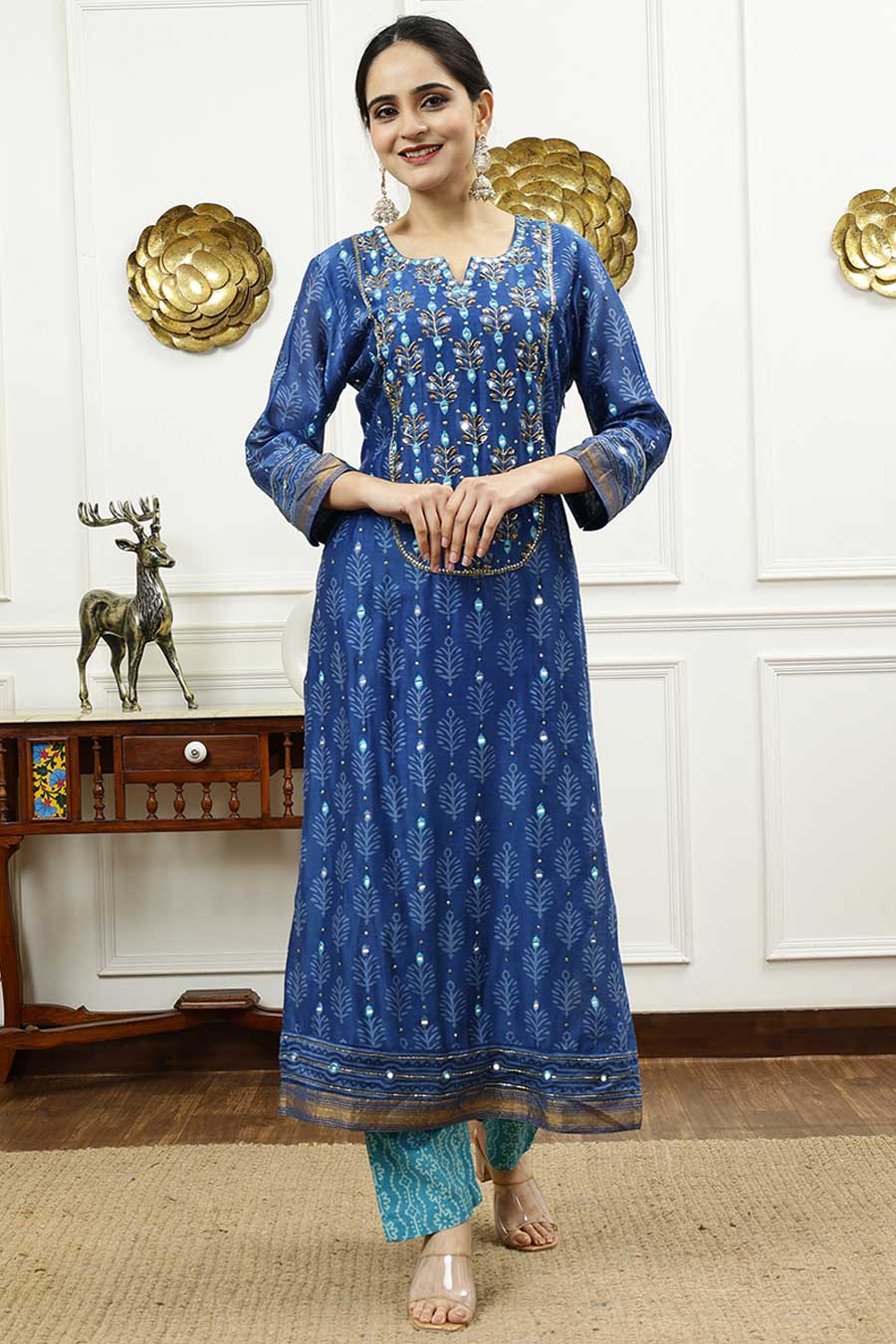 Turquoise Blue & Aqua Blue Printed Kurta Set