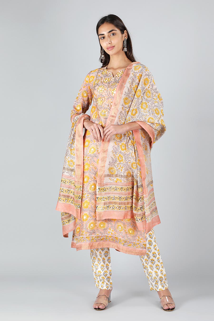 Peach & Yellow Printed Kurta Set