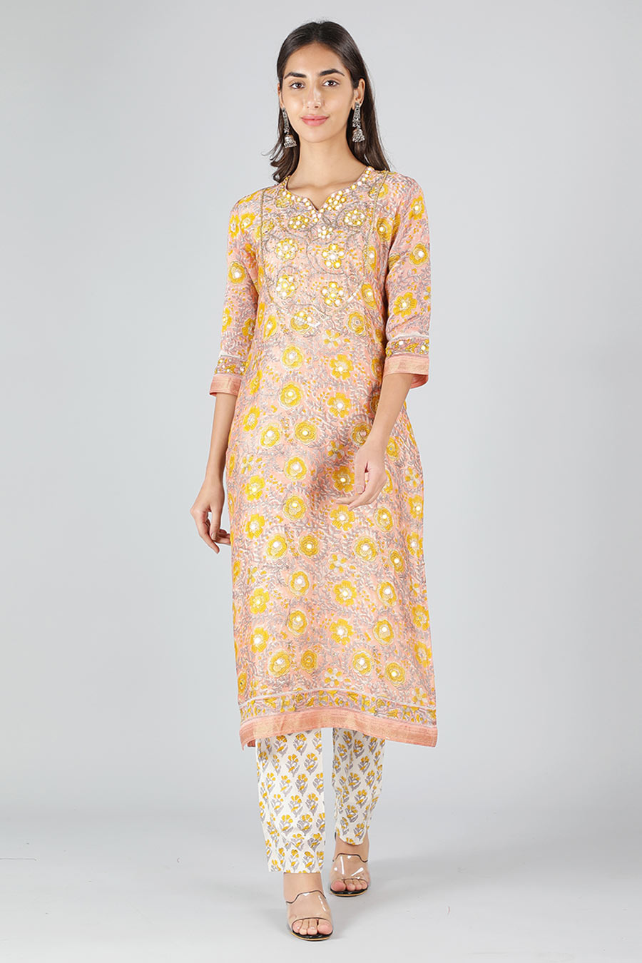 Peach & Yellow Printed Kurta Set