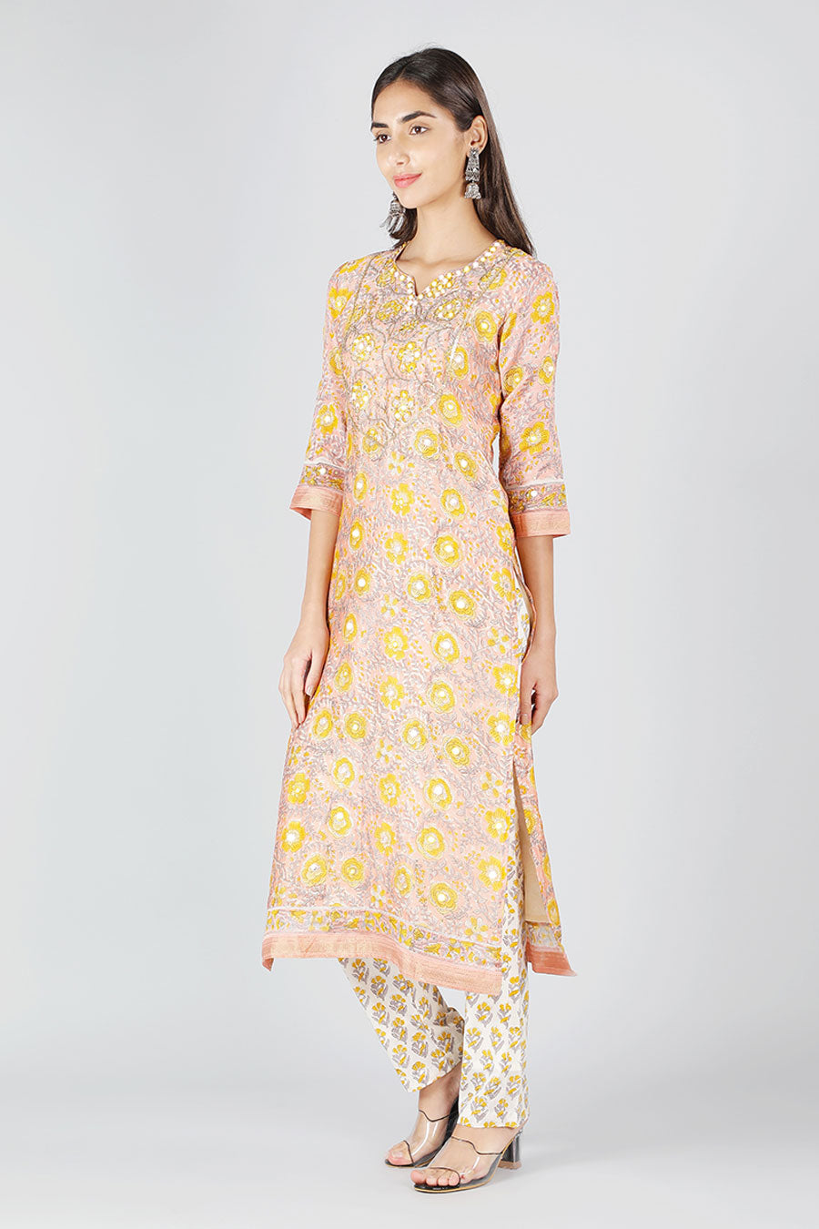 Peach & Yellow Printed Kurta Set