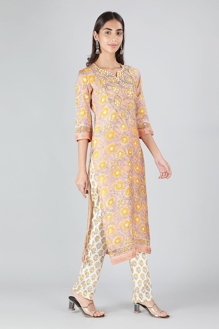 Peach & Yellow Printed Kurta Set