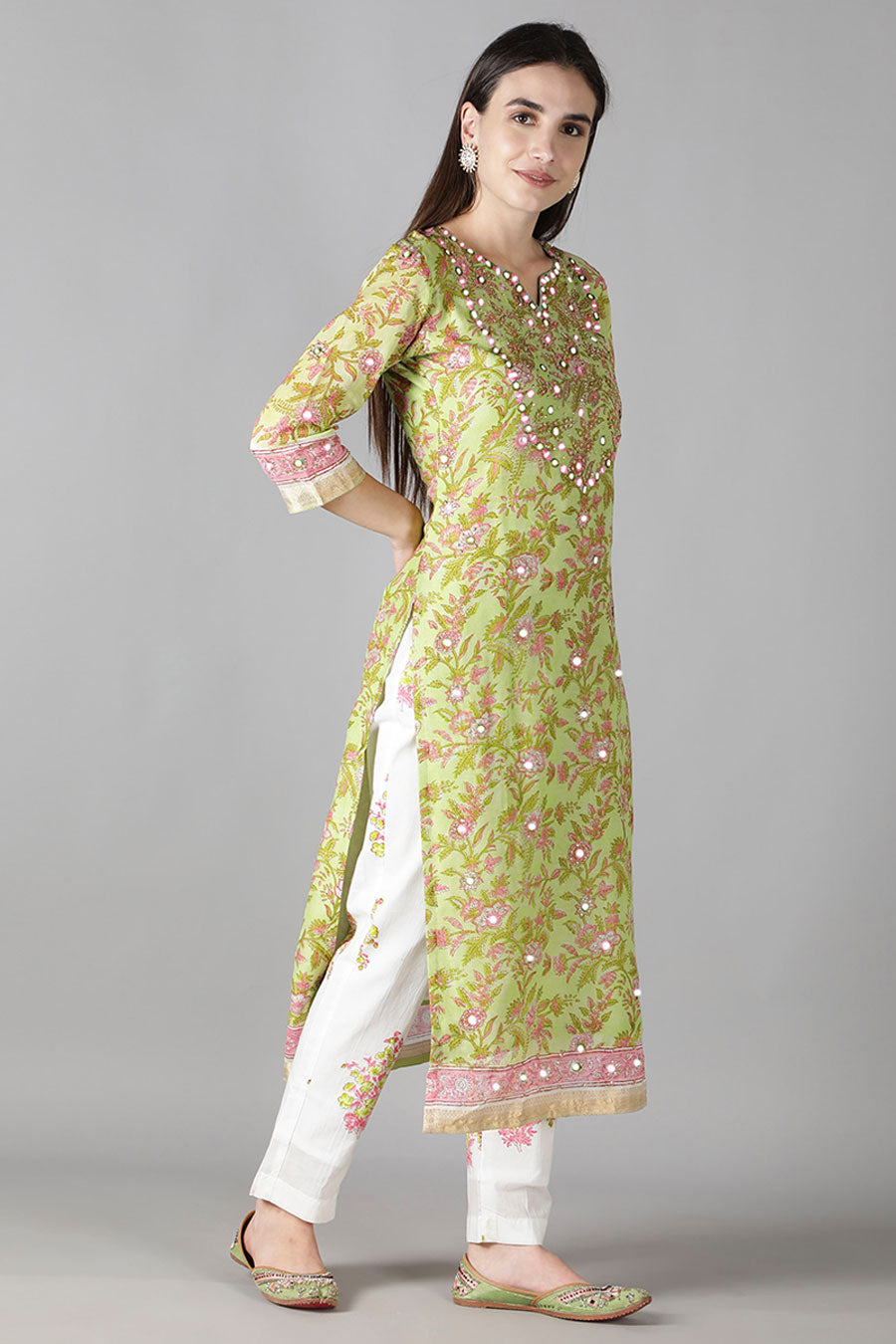Lime Green Floral Printed Kurta Set