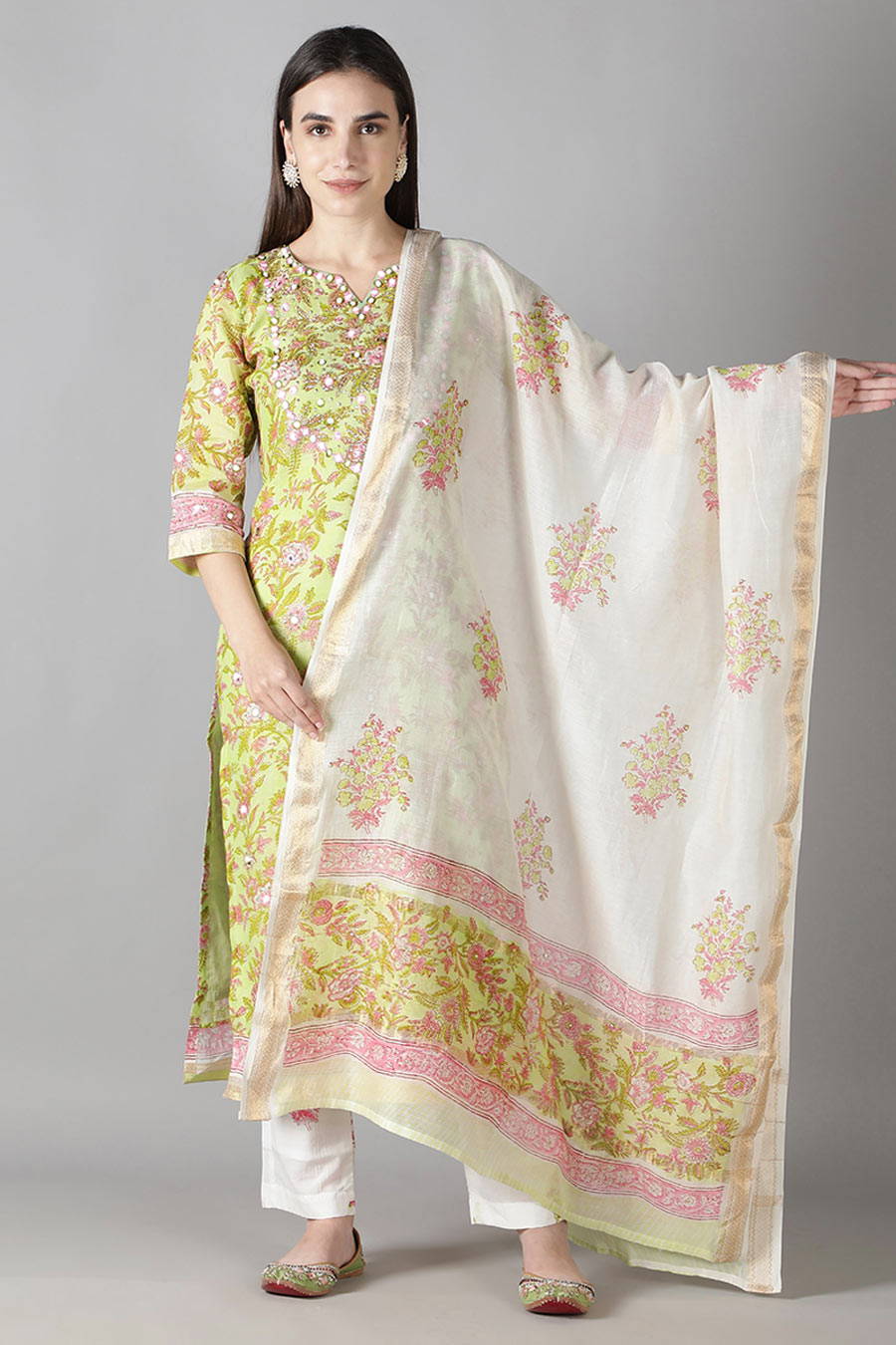 Lime Green Floral Printed Kurta Set