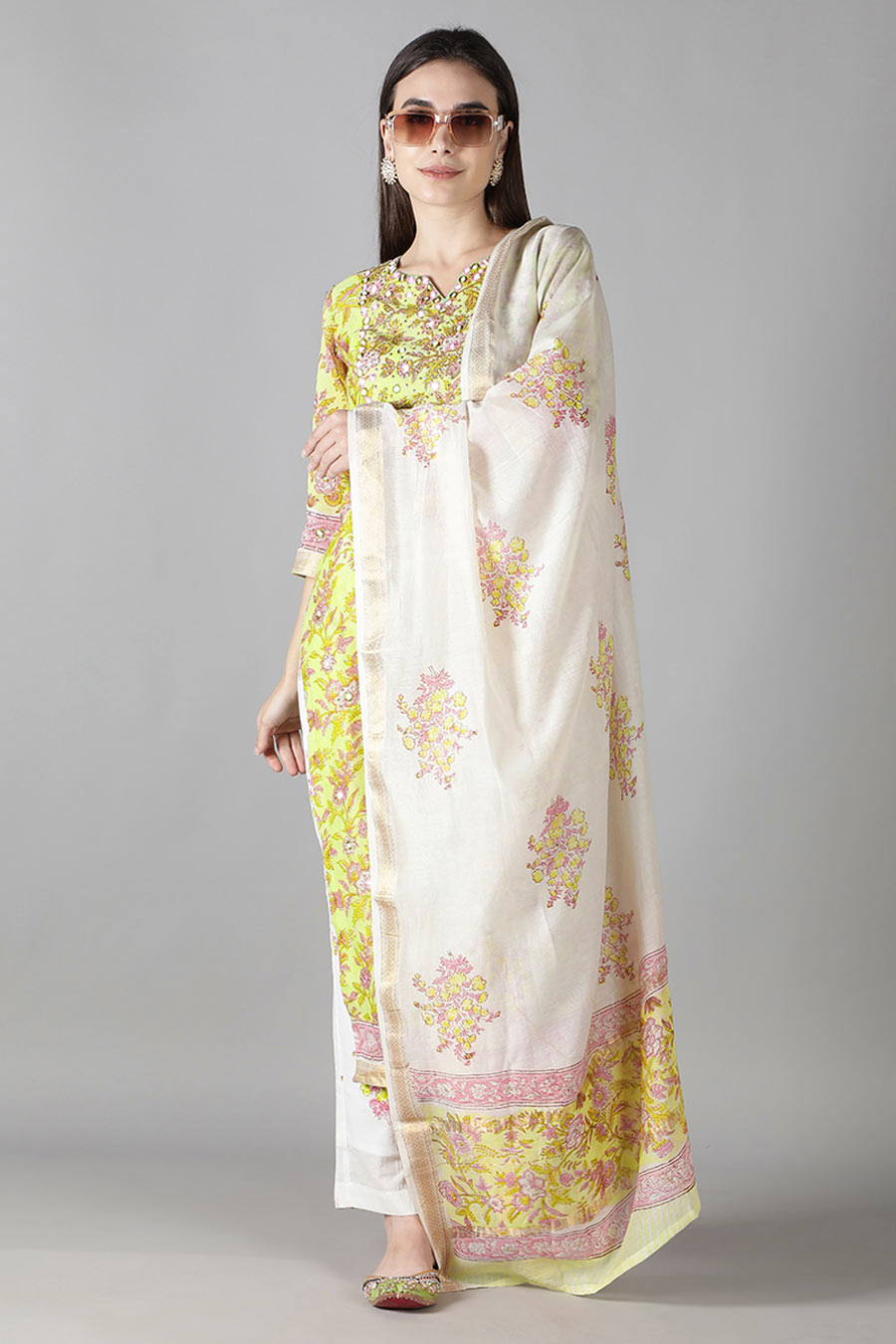Lime Green Floral Printed Kurta Set