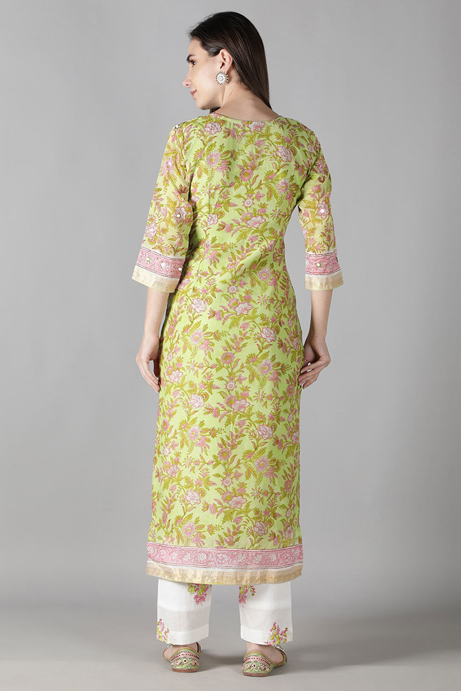 Lime Green Floral Printed Kurta Set