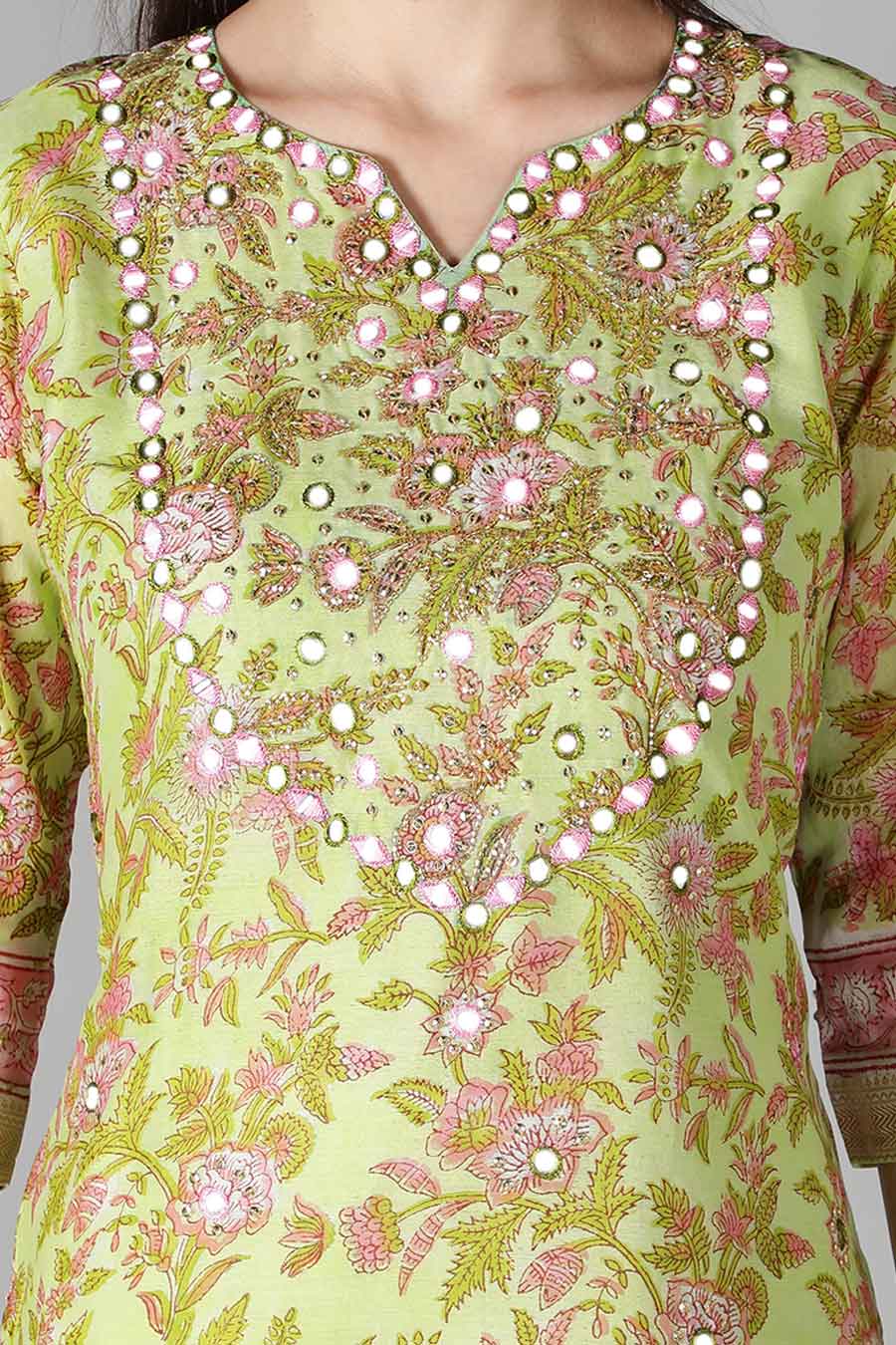 Lime Green Floral Printed Kurta Set