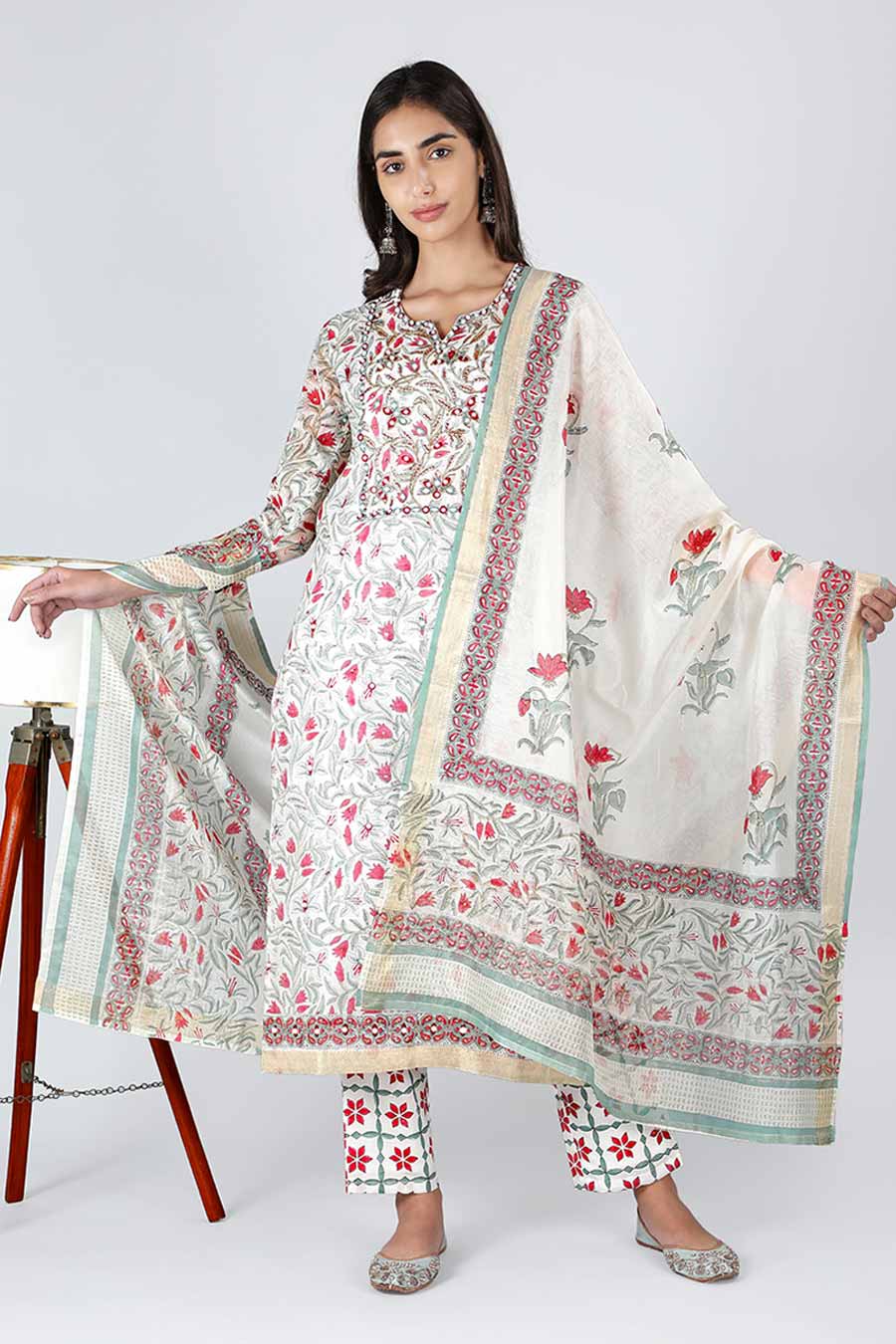 Pearl White Floral Printed Kurta Set