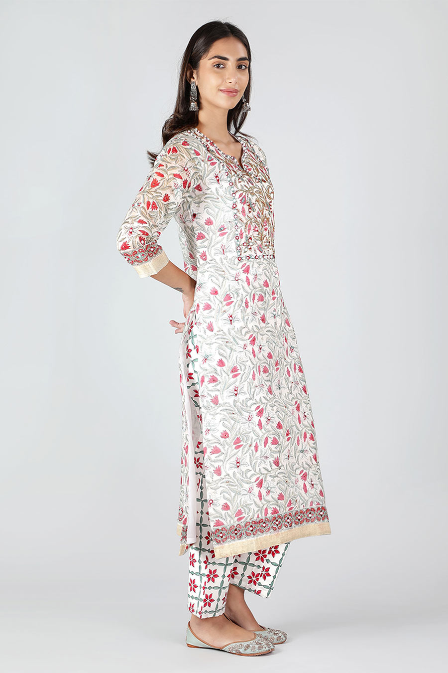 Pearl White Floral Printed Kurta Set