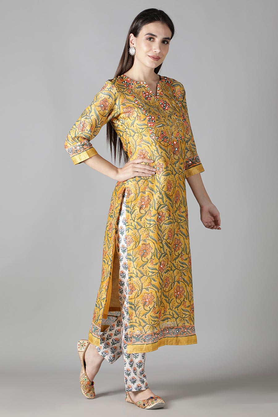 Corn Yellow Floral Printed Kurta Set