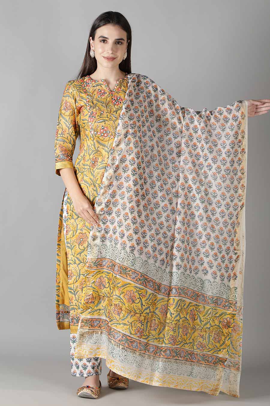 Corn Yellow Floral Printed Kurta Set