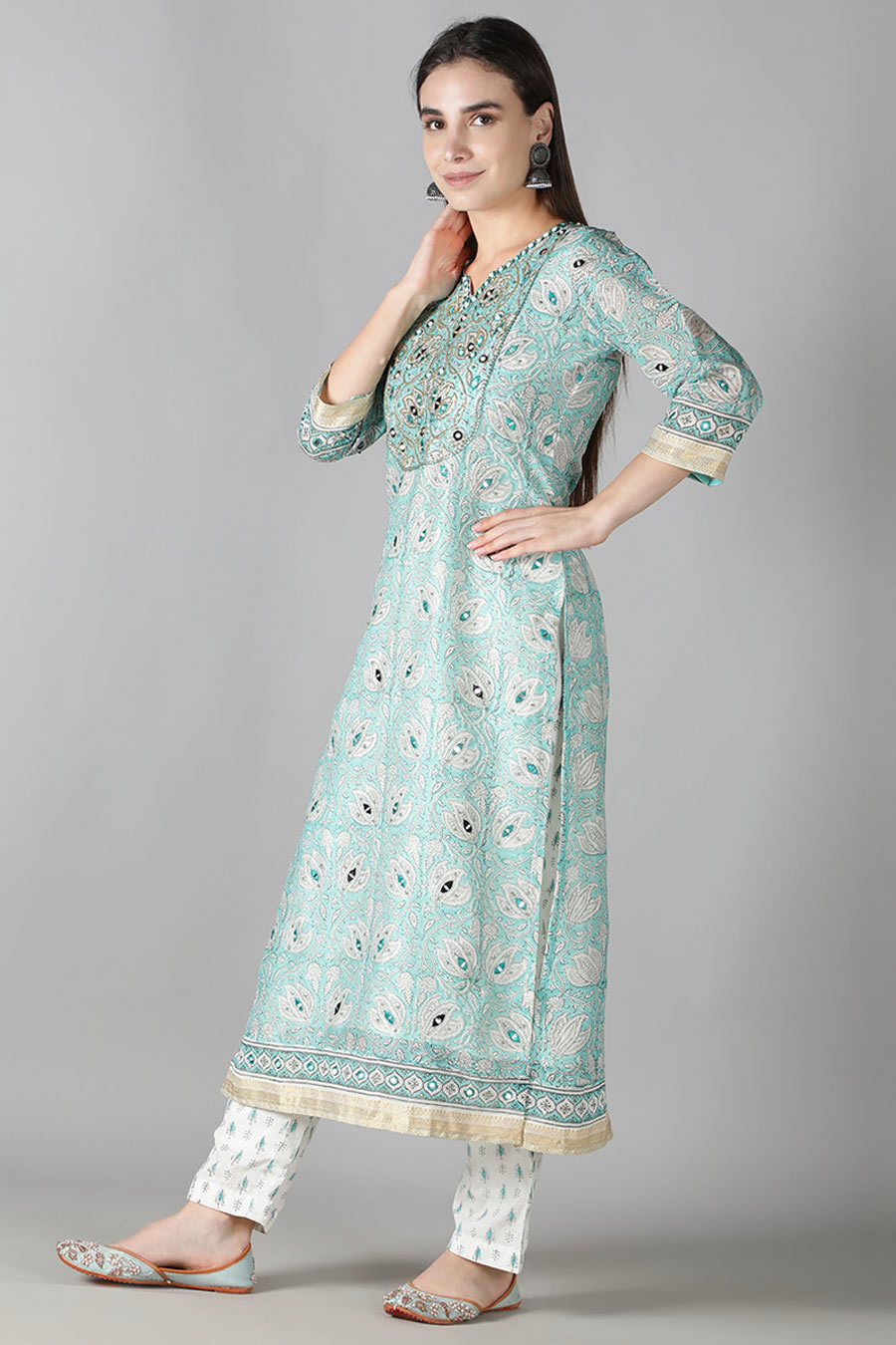 Aqua Blue Floral Printed Kurta Set
