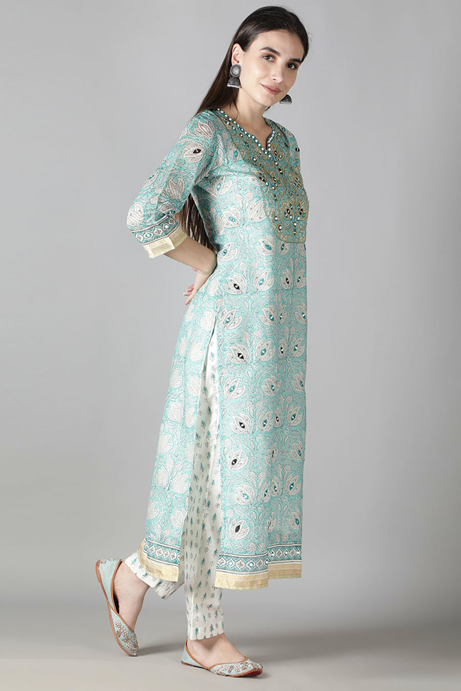 Aqua Blue Floral Printed Kurta Set