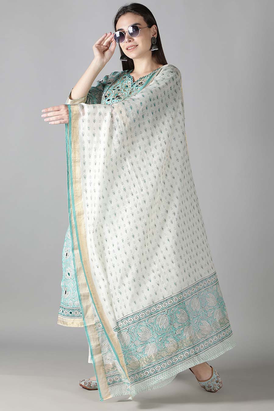 Aqua Blue Floral Printed Kurta Set
