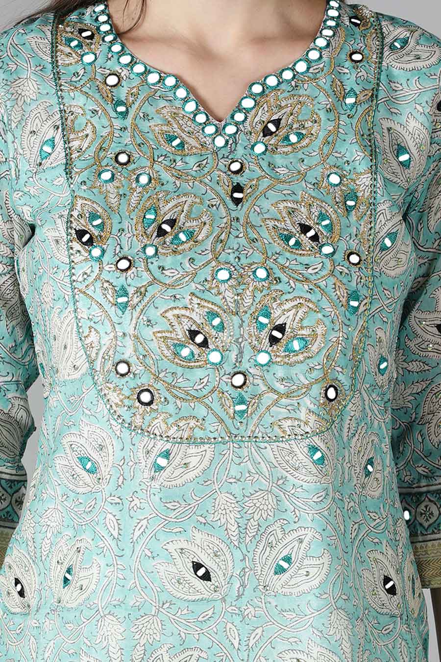 Aqua Blue Floral Printed Kurta Set