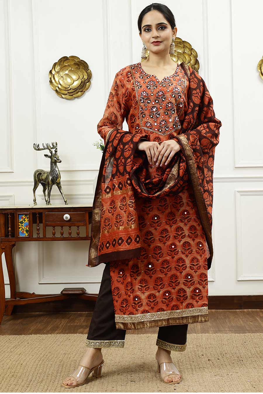 Burnt Orange Printed Kurta Set