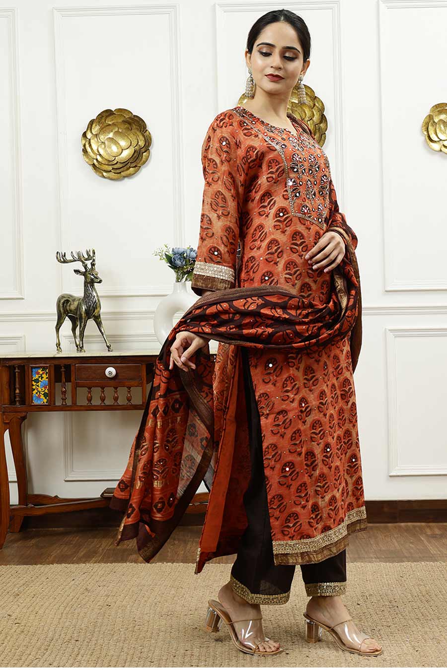 Burnt Orange Printed Kurta Set