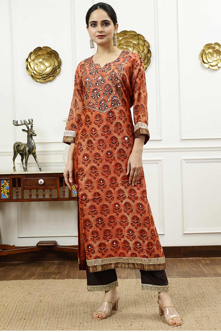 Burnt Orange Printed Kurta Set