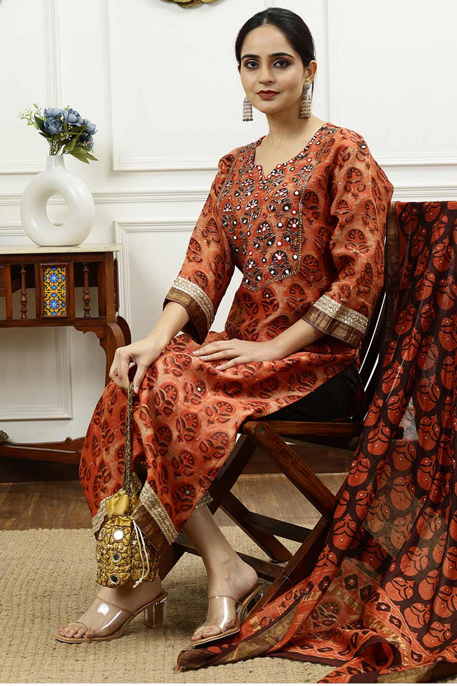 Burnt Orange Printed Kurta Set