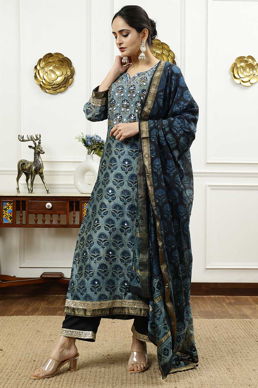 Teal Blue Printed Kurta Set