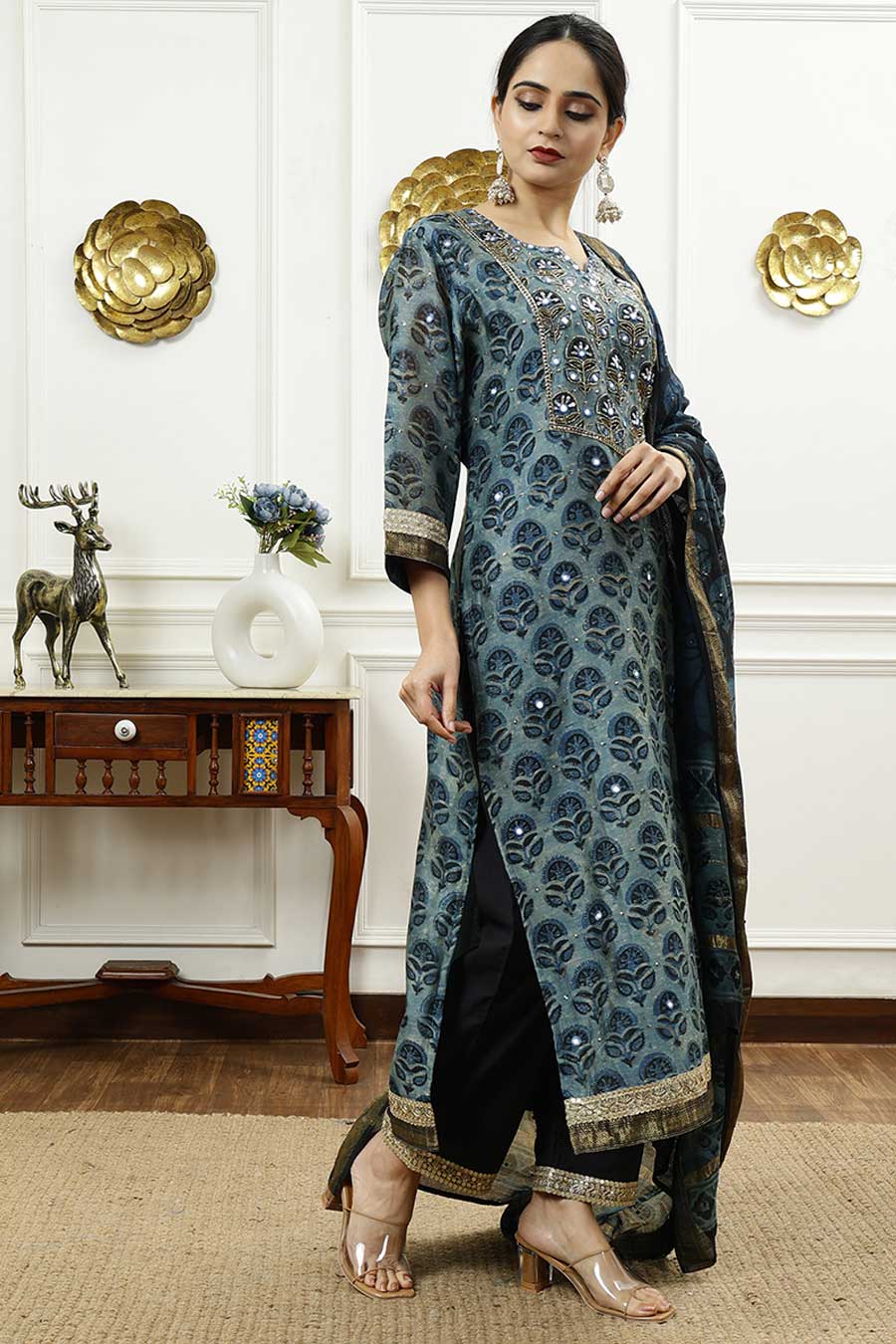 Teal Blue Printed Kurta Set