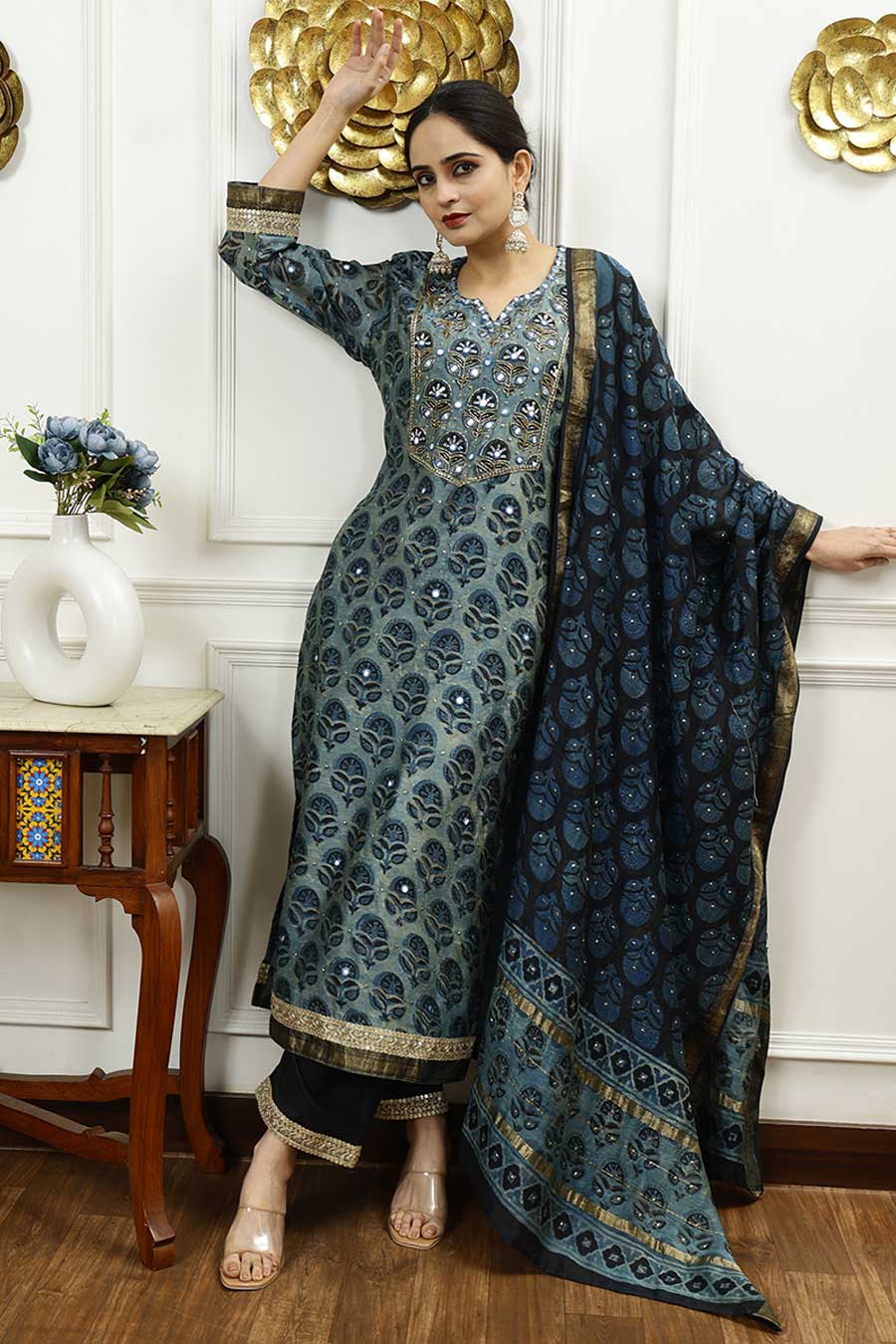 Teal Blue Printed Kurta Set