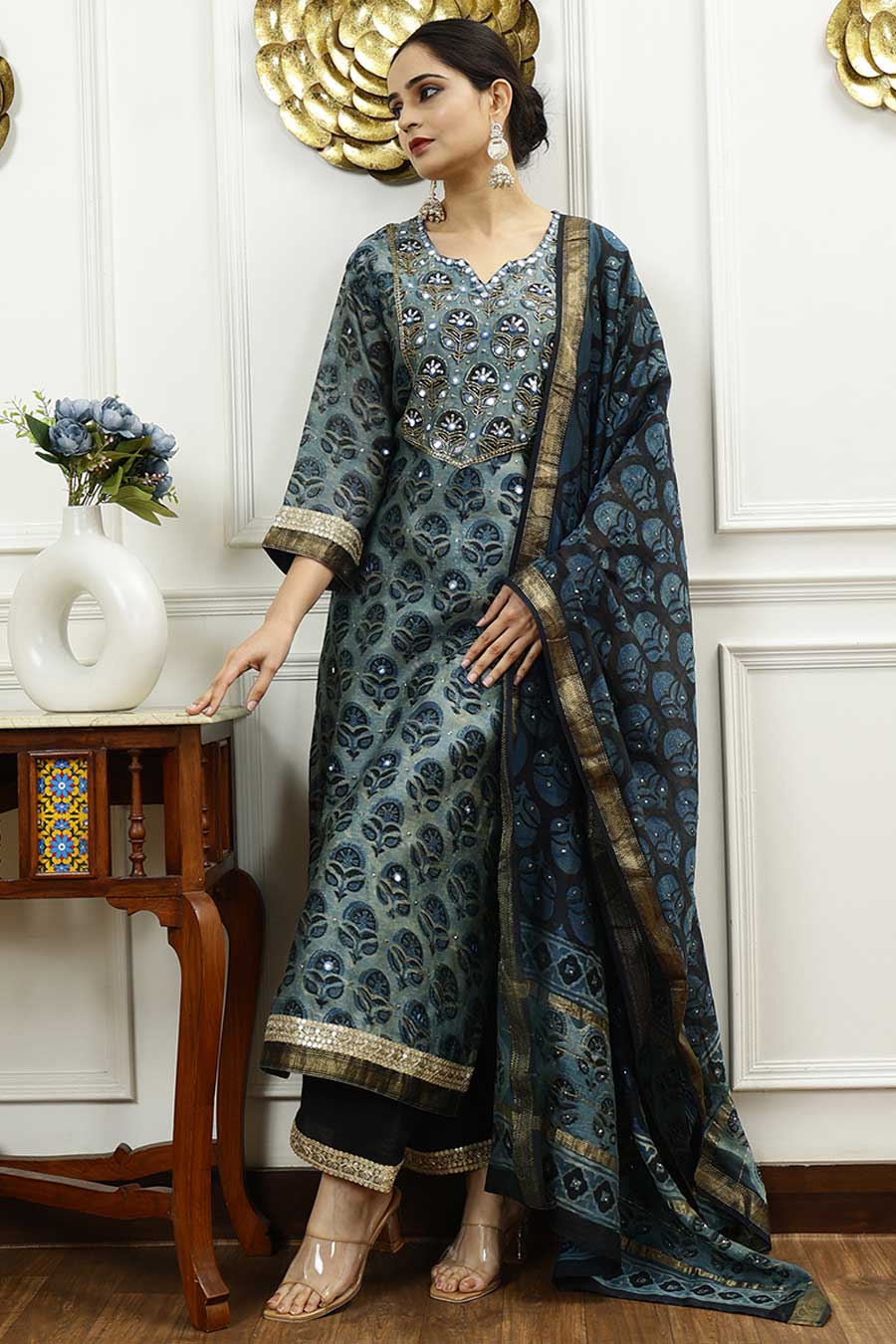 Teal Blue Printed Kurta Set