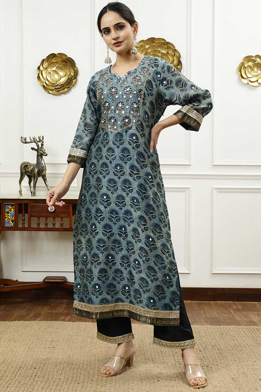 Teal Blue Printed Kurta Set