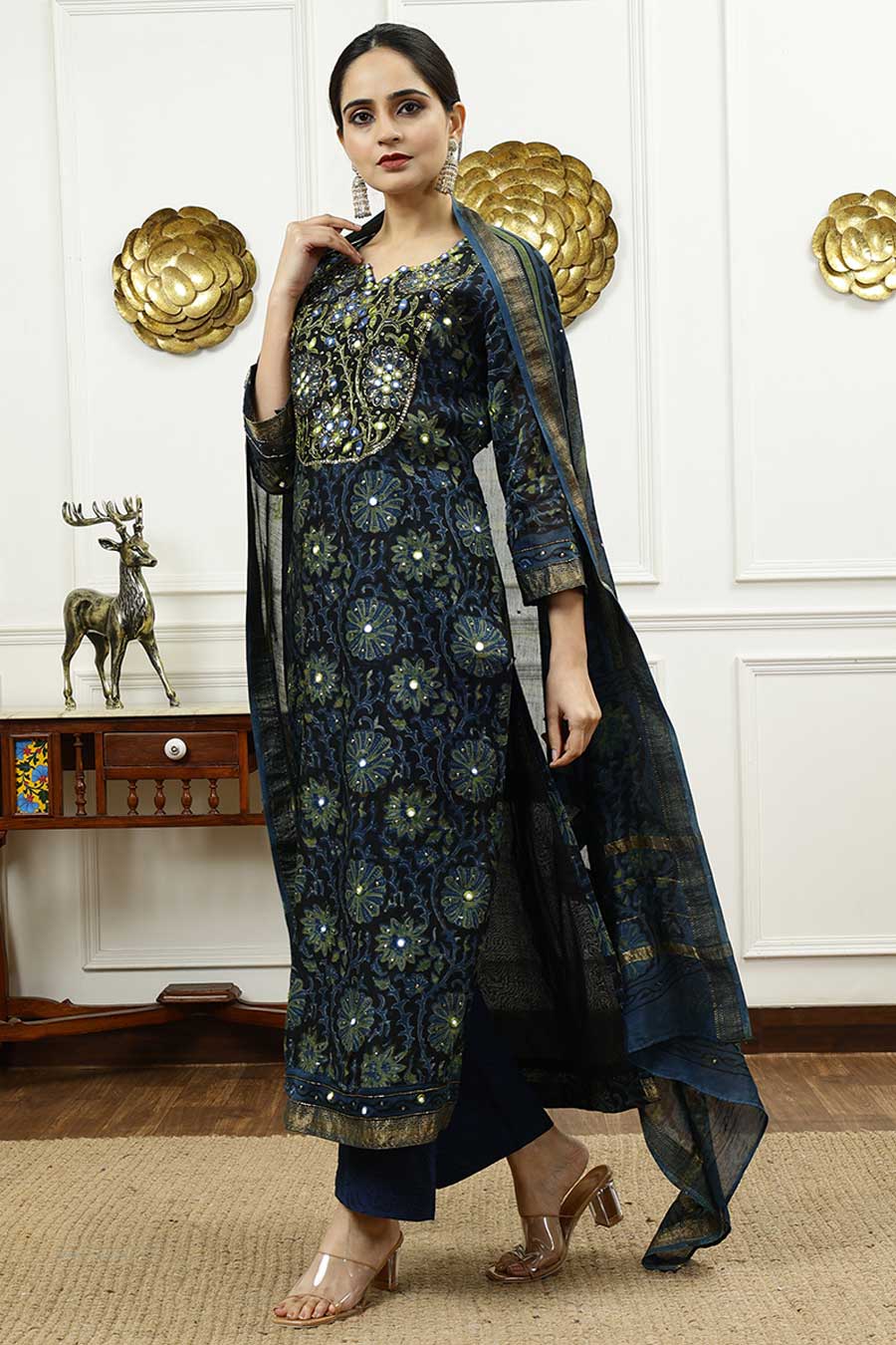 Navy Blue Printed Kurta Set