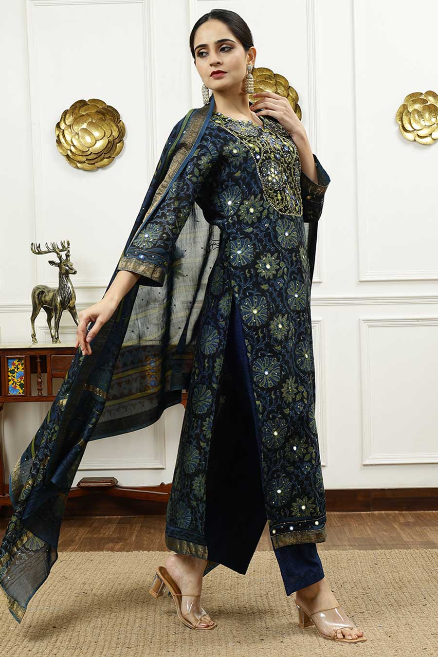 Navy Blue Printed Kurta Set
