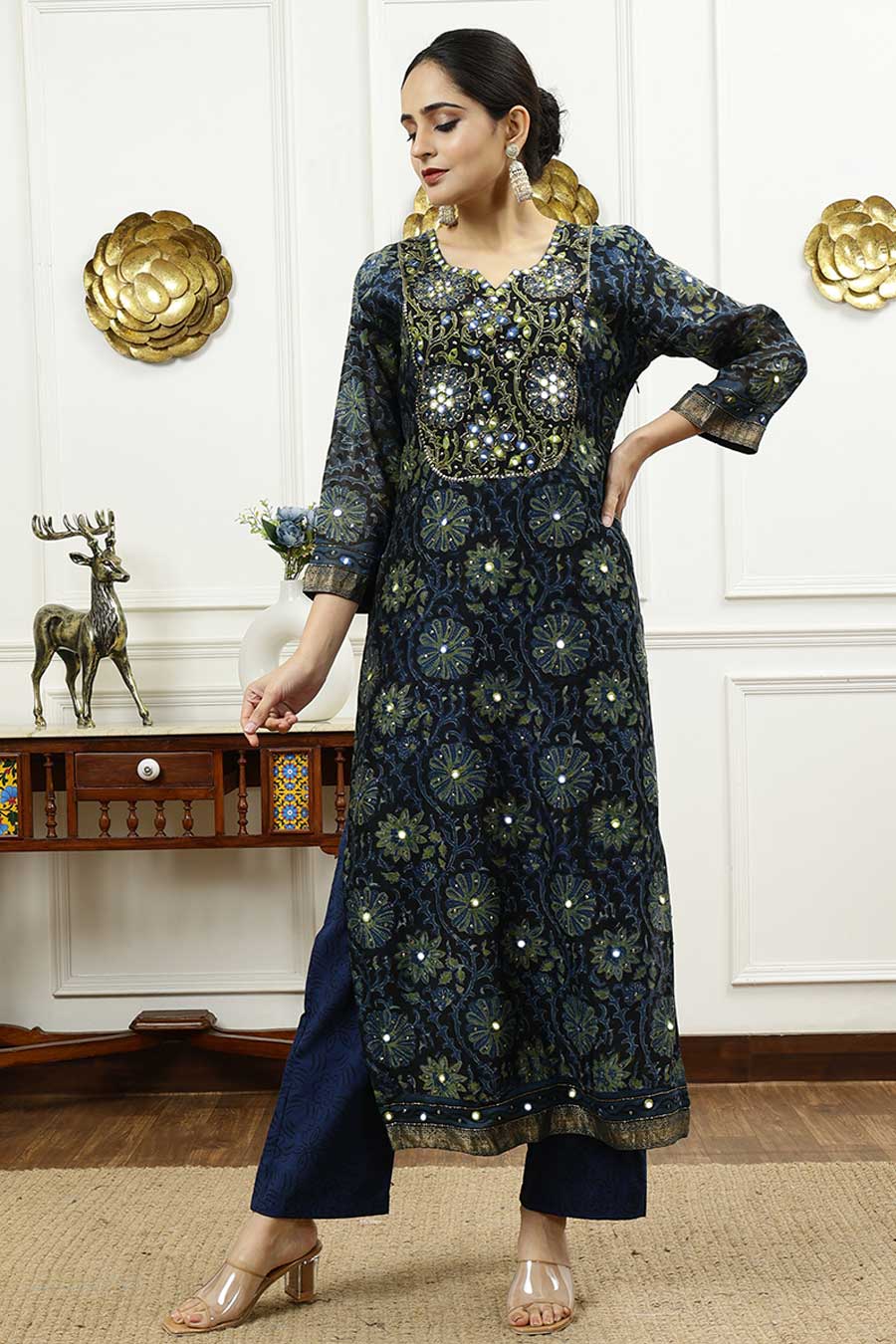 Navy Blue Printed Kurta Set
