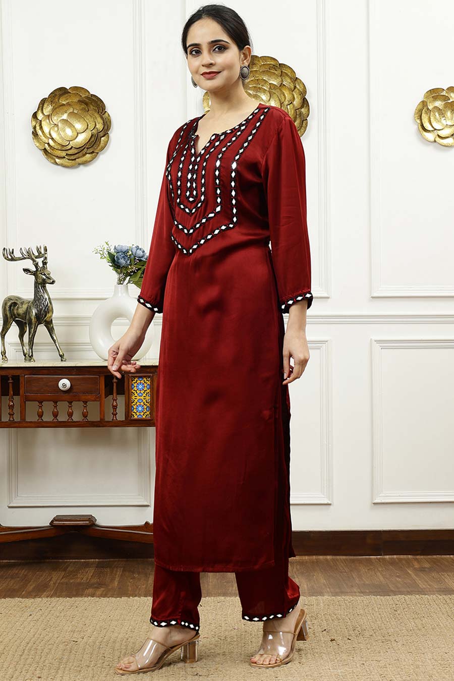 Rust Silk Embroidered Kurta & Pant Set